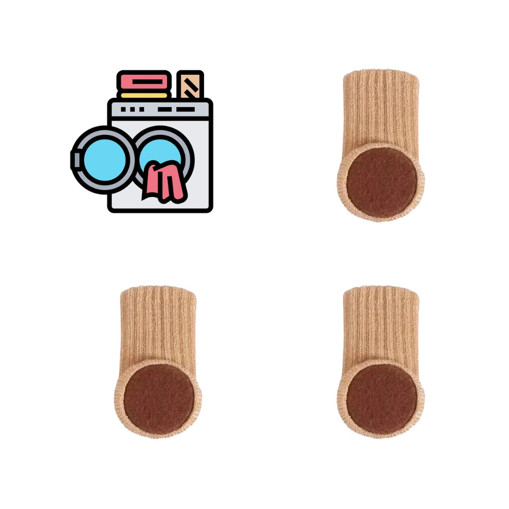 Beige Stuhlsocken mit rutschfestem Filzboden, die problemlos bei 30°C in der Waschmaschine gewaschen werden können. Langlebig, elastisch und ideal für den Schutz von Böden.