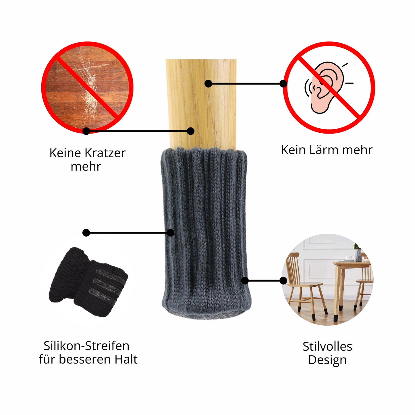 Schwarze Stuhlsocken mit Anti-Rutsch-Silikon-Streifen für sicheren Halt. Kein Kratzen, kein Lärm – perfekte Lösung für empfindliche Böden.