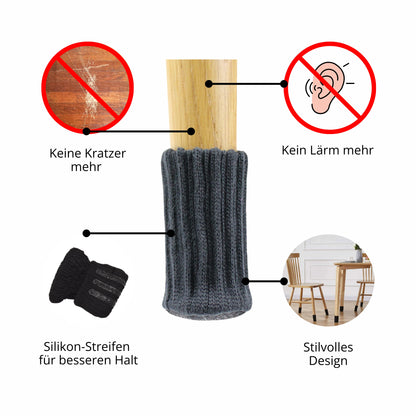 Schwarze Stuhlsocken mit Anti-Rutsch-Silikon-Streifen für sicheren Halt. Kein Kratzen, kein Lärm – perfekte Lösung für empfindliche Böden.